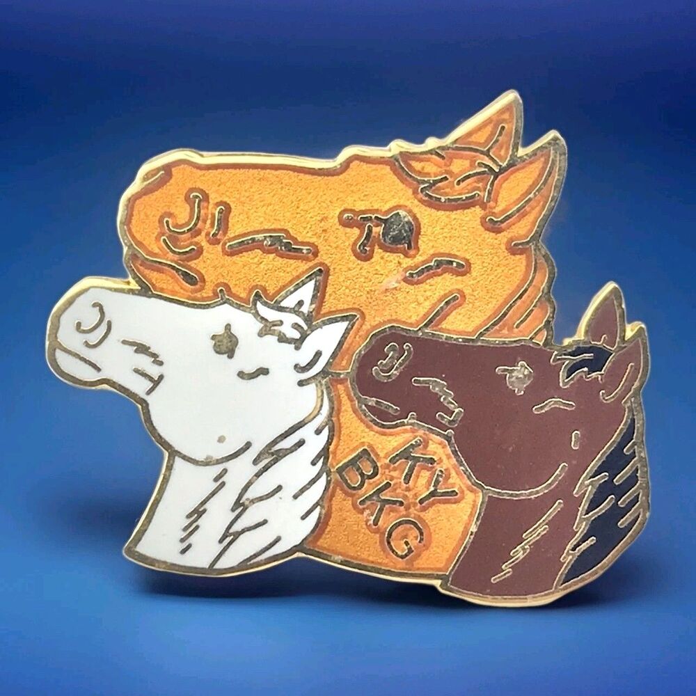 BKG Kentucky Enamel Lapel Pin Orange Gold Tone Vintage Three Horse Heads